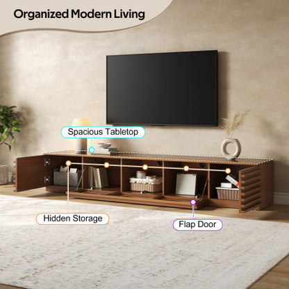 86.6 inch Walnut Legless Horizontal Slat Flip Door TV Stand Low Profile Media Console Fits 90 inch TV