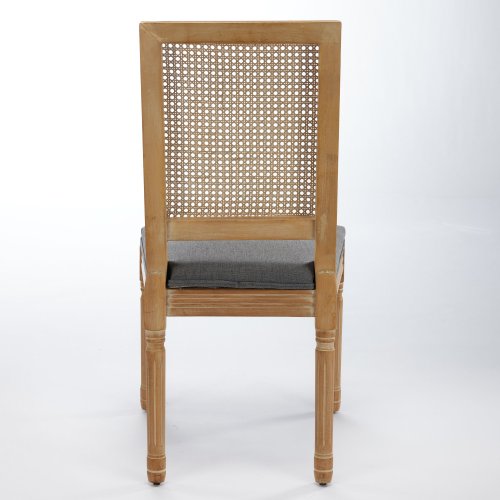 Set of 2 Gray French Louis Square Rattan Back Carved Solid Wood Dining Chairs, Antique Paint Frame 300 LBS Capacity