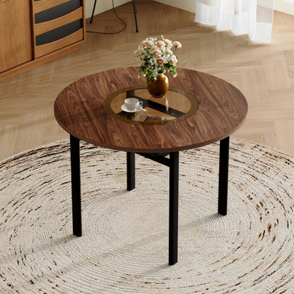 Round Wood Grain Dining Table with Glass Inlay & Glass Shelf