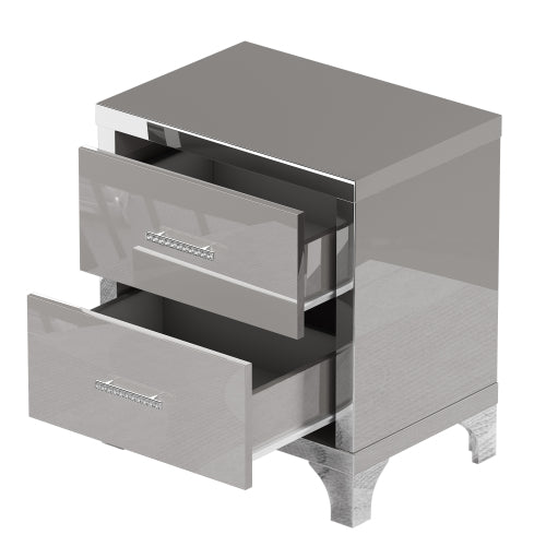 High Gloss Mirrored Nightstand with 2 Drawers,Modern End Table with Drawers,Mirrored High Gloss Wood Nightstand Metal Handle Bedside End Table for Bedroom, Dorm,Living Room,Grey