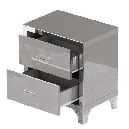 High Gloss Mirrored Nightstand with 2 Drawers,Modern End Table with Drawers,Mirrored High Gloss Wood Nightstand Metal Handle Bedside End Table for Bedroom, Dorm,Living Room,Grey