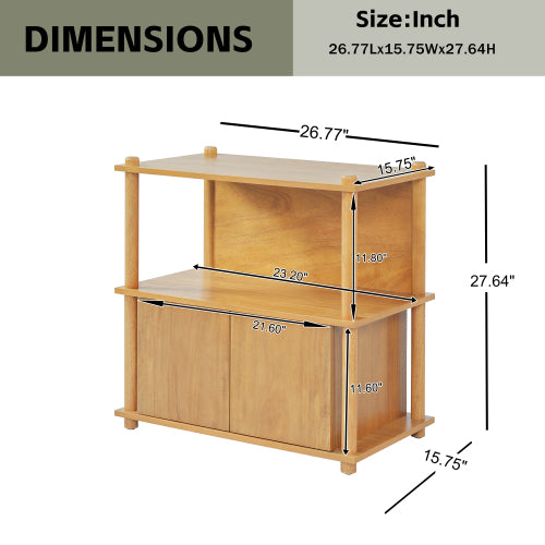 Natural Wood Nightstand, 2 Open Shelves & 2-Door Storage Cabinet Push-to-Open Side Table