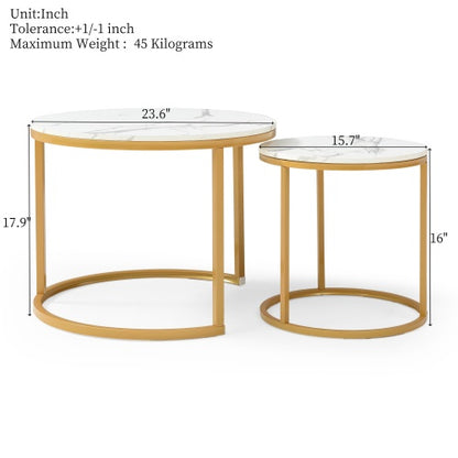 Set of 2 Nesting Round Coffee Tables, White & Gray Top with Golden Metal Frame
