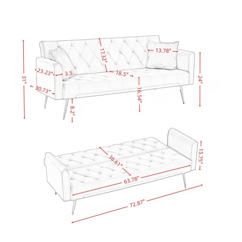 72 inch  Pink Velvet American-Retro Convertible Foldable Sleeper Sofa Bed