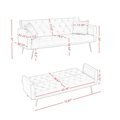 72 inch  Pink Velvet American-Retro Convertible Foldable Sleeper Sofa Bed