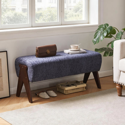 Chenille Upholstered Bench with Solid Wood Legs, Entryway Ottoman