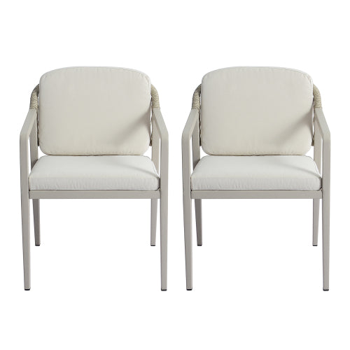Outdoor Dining Chair Set of 2, Wicker Rattan Woven Patio Chairs, Outdoor Armchair Seating for Patio Backyard Poolside Balcony, Waterproof seat and cushion, Grey+Beige