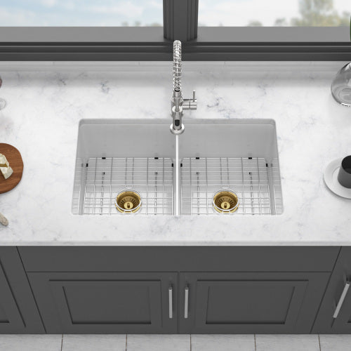 32"x19"x10" Undermount Double Bowl Porcelain Fireclay Kitchen Sink - Dual Mount White Fireclay Rectangular Deep Double Bowl Sink Basin