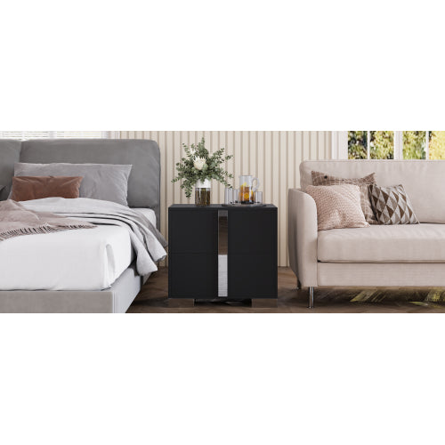 Modern End Table with Drawers, Elegant Nightstand with Metal Foot,Wood Bedside Table with Mirrored Metal Handles,Sofa Side End Table for Bedroom Living Room Office,Black