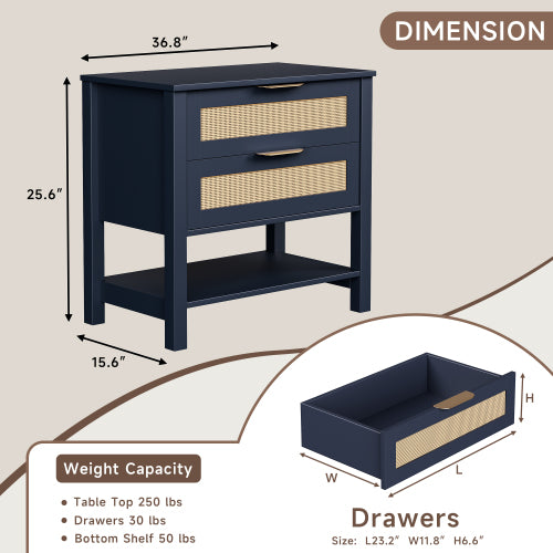 Boho Rattan Nightstand with 2 Drawers & Open Shelf