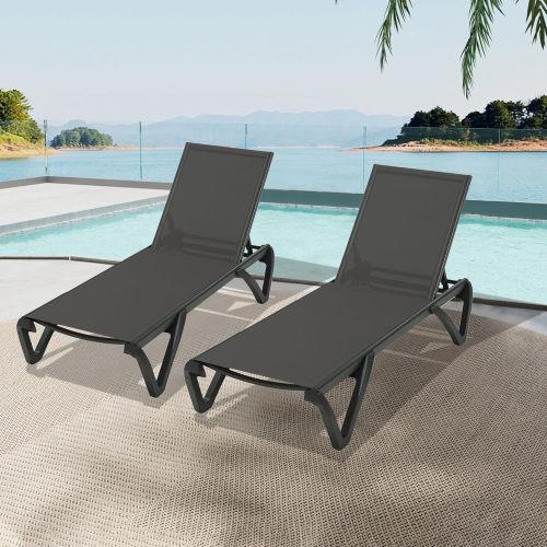 Pool Lounge Chairs Set of 2, Aluminum Adjustable Outdoor Chaise Lounge with Wheels, All Weather Poolside Chairs for Deck Lawn Patio Backyard, Textilene - Dark Gray