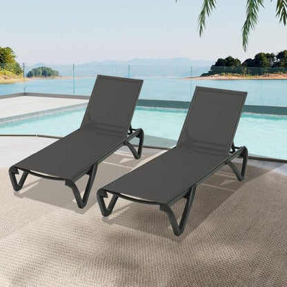 Pool Lounge Chairs Set of 2, Aluminum Adjustable Outdoor Chaise Lounge with Wheels, All Weather Poolside Chairs for Deck Lawn Patio Backyard, Textilene - Dark Gray