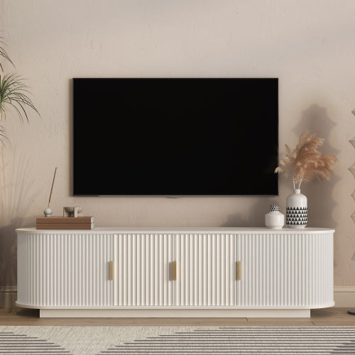 66.9 Inch Farmhouse Fluted Wood TV Stand, Sliding Door Media Console for TVs Up to 75 Inch TV