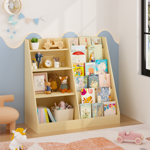 Natural Tone 4-Tier Kids MDF Bookshelf with Anti-Tip Kit, 2-Shelf 1-Bin Nursery Toy Storage Rack