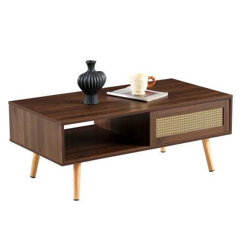 PE Rattan Coffee Table Sliding Door Storage Solid Wood Legs Walnut Accent Table