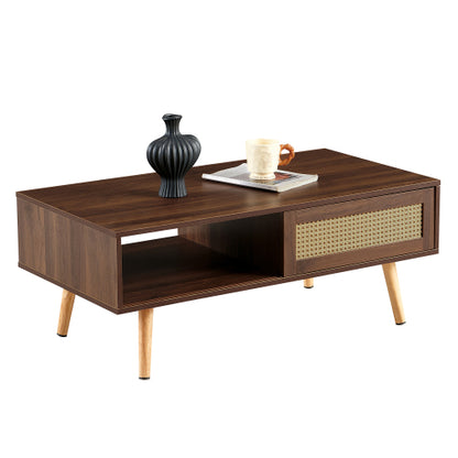 PE Rattan Coffee Table Sliding Door Storage Solid Wood Legs Walnut Accent Table