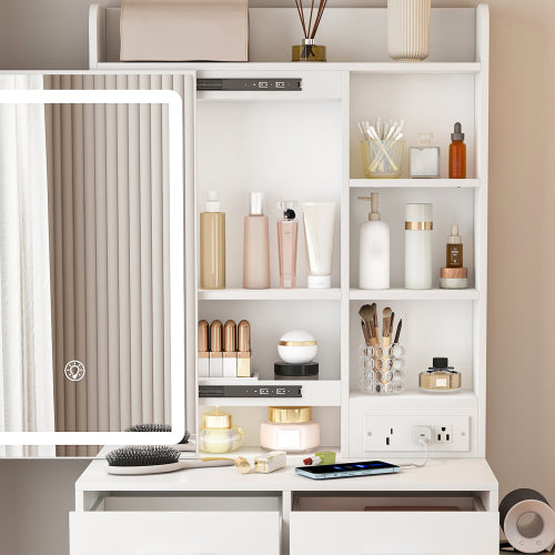 White Small Makeup Vanity Desk with Mirror & LED Lights, Power Outlet, Hidden Storage, Padded Stool & Shelf