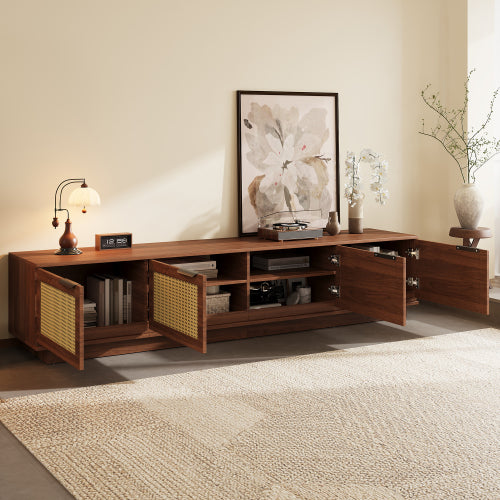 78.74 inch Walnut 4 Door PE Rattan Legless TV Stand Large Hidden Storage Media Console For 85 inch TV