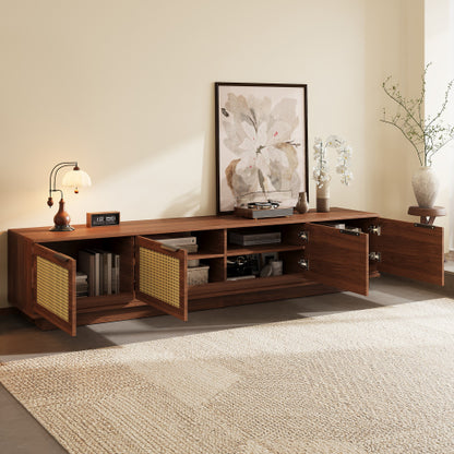 78.74 inch Walnut 4 Door PE Rattan Legless TV Stand Large Hidden Storage Media Console For 85 inch TV