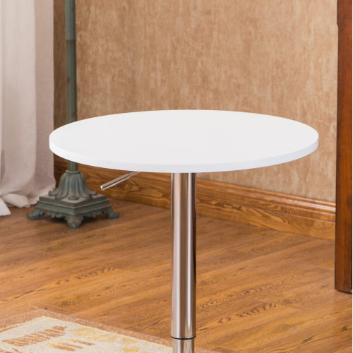 White Adjustable Height Wood and Chrome Metal Bar Table and 2 Chrome Air Lift Adjustable Swivel Stools Set