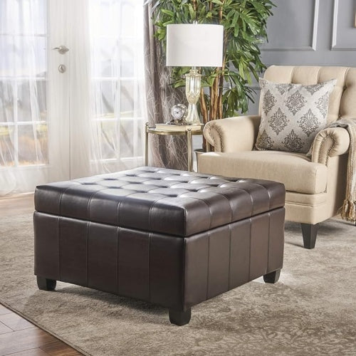 Dark Brown PU Leather Tufted Storage Ottoman with Waffle Stitch