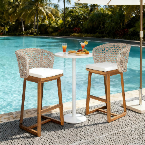 Outdoor Acacia Wood Bar Stools (Set of 2), Teak Finish Bar Height Chairs with Beige Cushion & Light Brown Wicker Back, Counter Height Stools for Patio, Poolside, Kitchen Island