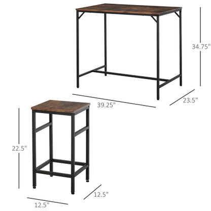 5-Piece Rustic Brown & Black Dining Set, Wood & Steel Counter Height Table with 4 Space-Saving Stools