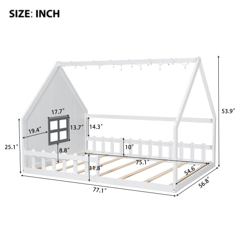 Full Size Wood House Bed with Window and Fence, White