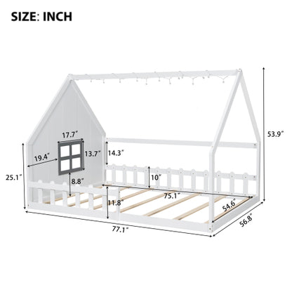 Full Size Wood House Bed with Window and Fence, White