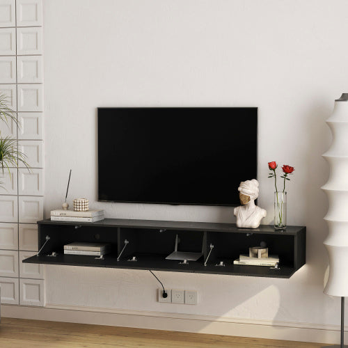 67 Inch Black Wall Floating LED TV Console 16 Color Ambient Light Wall Mount Media Cabinet for 65 Inch TV