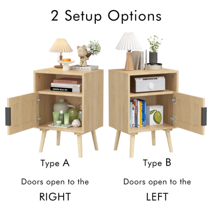 22.83'' H Rattan Nightstand, Side Table with Door Open Shelf,  Accent Bedside End Table with Solid Wood Legs for Bedroom, Dorm and Small Spaces, Oak