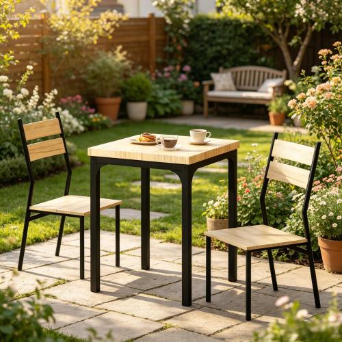 3-Piece Rustic Industrial Dining Set, Light Wood Grain MDF Table & 2 Slatted High Back Chairs