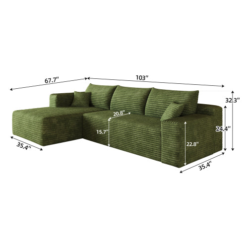 103 inch  Green Plush Corduroy L-Shape Cloud Modular Sofa, No Assembly