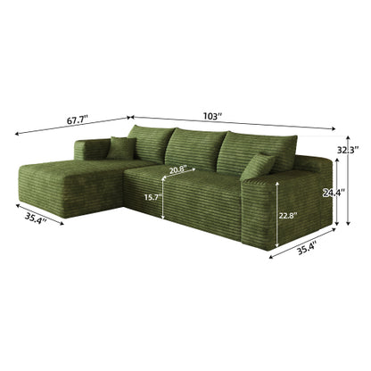 103 inch  Green Plush Corduroy L-Shape Cloud Modular Sofa, No Assembly