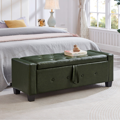 48'' Storage Ottoman Bench Tufted Faux Leather Upholstered Bench Dark Green