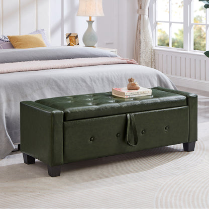 48'' Storage Ottoman Bench Tufted Faux Leather Upholstered Bench Dark Green