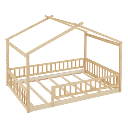 Full Size Wood Bed House Bed Frame with Fence, for Kids, Teens, Girls, Boys,Natural