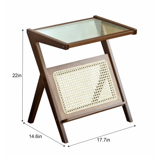Boho Rattan Bamboo Glass Side Table with Storage, Brown
