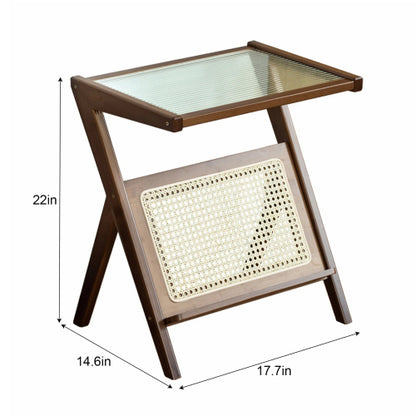 Boho Rattan Bamboo Glass Side Table with Storage, Brown