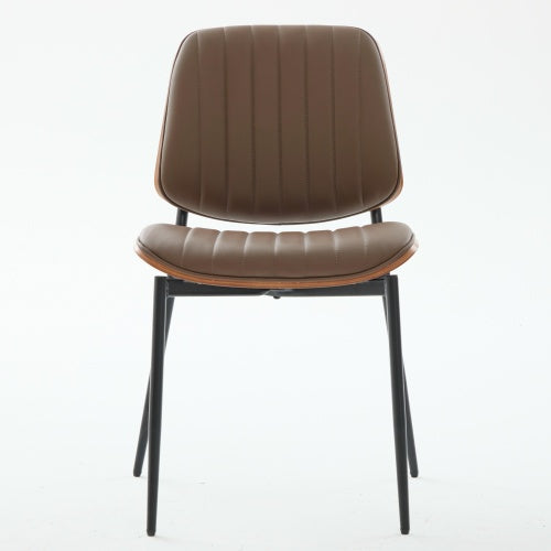 Set of 2 Mid Century Modern Faux Leather Dining Chairs with Walnut Bentwood Back and Metal Legs, Brown PU