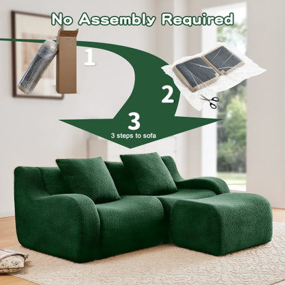 Green L-Shaped 2-Seat Boneless Teddy-Fabric Modular Sofa Curved Armrest No-Assembly Non-Slip
