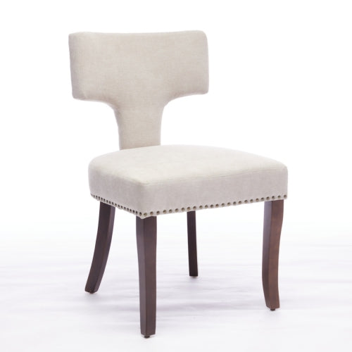 Curved Back Linen Upholstered Wood Dining Chairs, Set of 2, Beige