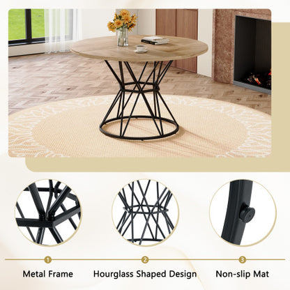 47.3 Inch Light Wood Grain Round Dining Table with Hourglass Metal Bracket for 4-6 People