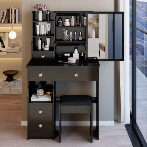 White 29.2 inch  Small Space Left Drawer Desktop Vanity Table + Cushioned Stool, Extra Large Right Sliding Mirror
