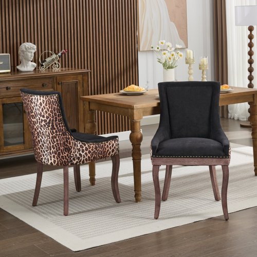 Set of 2 Leopard Print Fabric Dining Chairs, Mid-Century Solid Wood Chairs with Nailhead & 300lb Limit