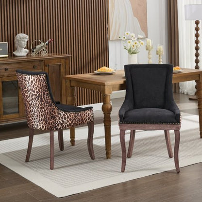 Set of 2 Leopard Print Fabric Dining Chairs, Mid-Century Solid Wood Chairs with Nailhead & 300lb Limit