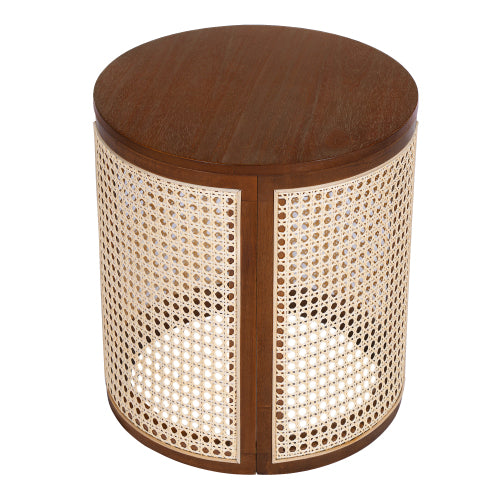 Dark Brown Round Rattan End Table, 15.7 Inch Woven Side Table with Wood Top, Small Nightstand for Bedroom Living Room