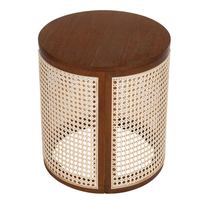 Dark Brown Round Rattan End Table, 15.7 Inch Woven Side Table with Wood Top, Small Nightstand for Bedroom Living Room