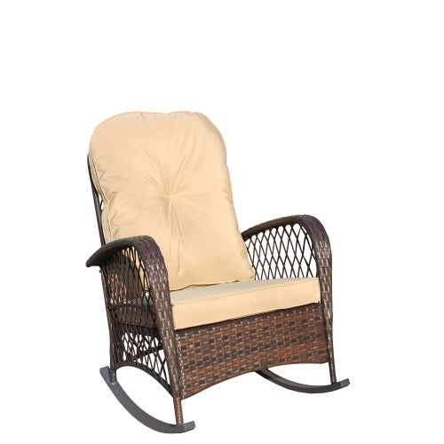 Outdoor Wicker Rocking Chair with Wide Seat, Thick, Soft Cushion, Rattan Rocker w/Steel Frame, High Weight Capacity for Patio, Garden, Backyard, Shallow brown Cushion