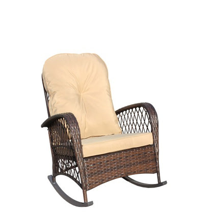Outdoor Wicker Rocking Chair with Wide Seat, Thick, Soft Cushion, Rattan Rocker w/Steel Frame, High Weight Capacity for Patio, Garden, Backyard, Shallow brown Cushion